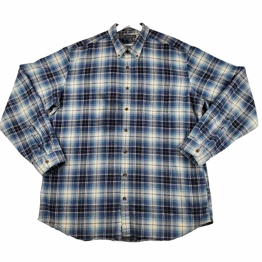 Eddie Bauer Flannel Shirt Men's XLT Blue Plaid 100% Cotton Button-Down Gorpcore‎